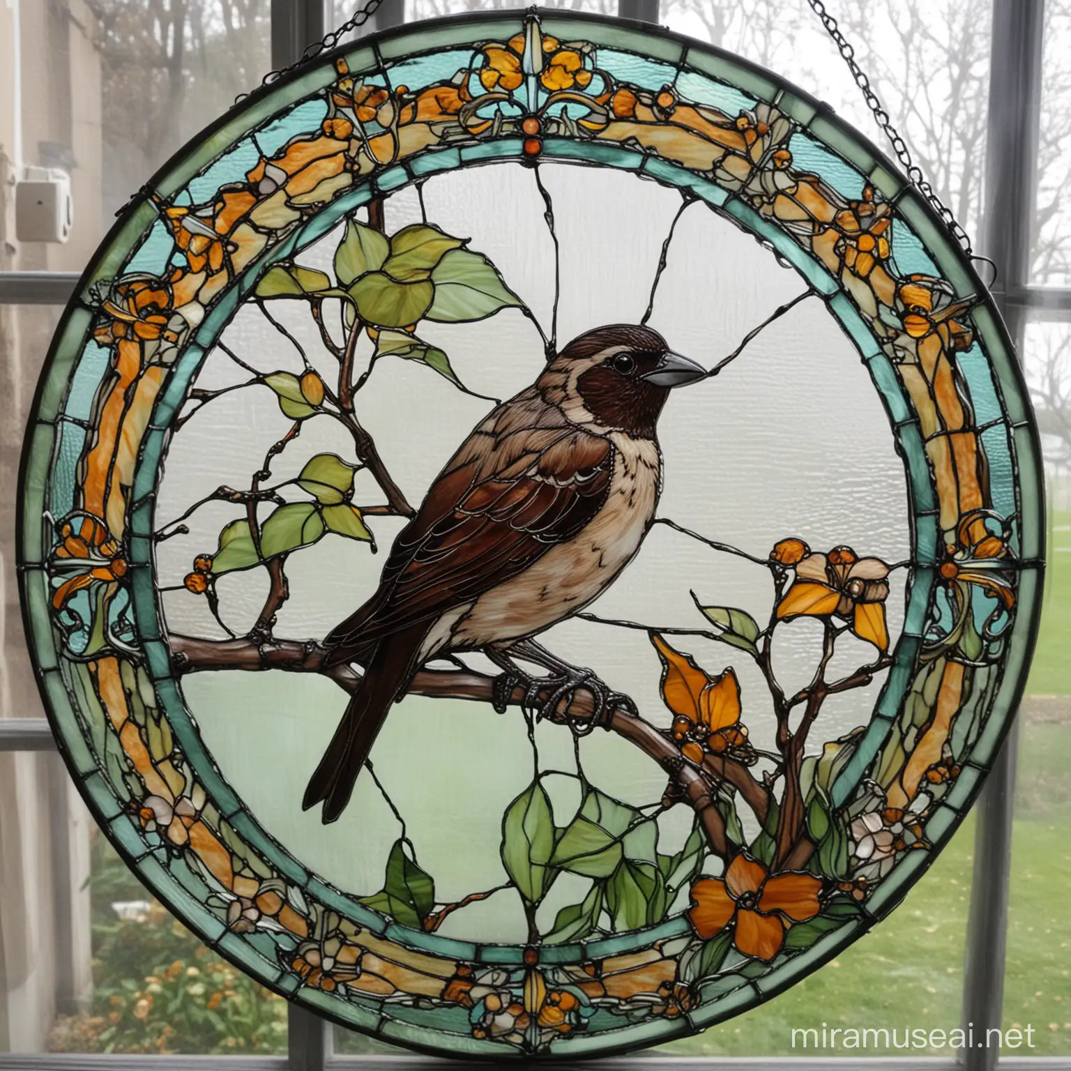 art nouveau, stained glass sparrow