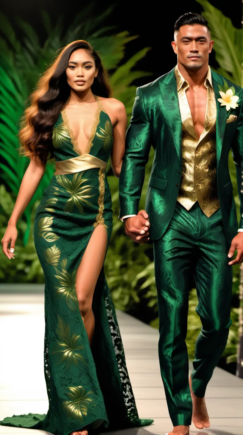 a beautiful polynesian female model wearing a beautiful dark green with gold tropical lace gown with a flower on her dress walking on a floral runway with a handsome muscular Polynesian male model wearing a lace suit matching her and with long hair