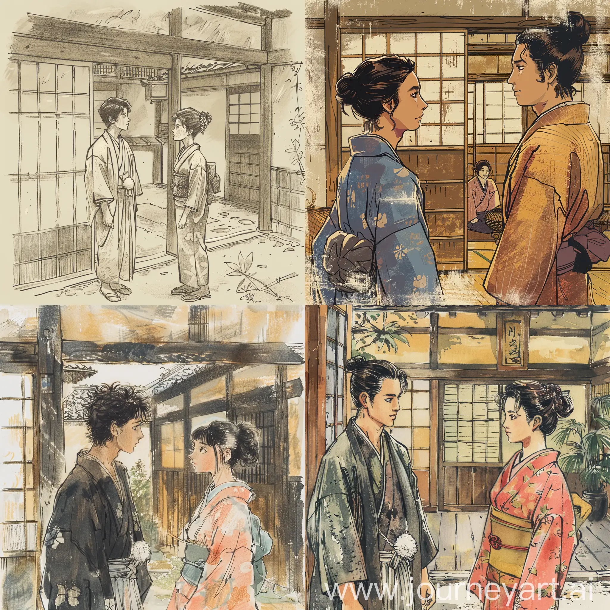 Edo-Era-Japanese-Home-Young-Man-and-Servant-Woman-in-Storybook-Illustration