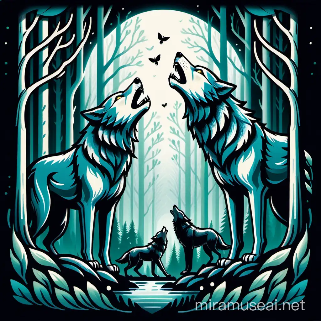 "Design a stylized illustration of two wolves in a forest setting, with a howling wolf head in the background, capturing the wild and untamed spirit of these creatures, ideal for nature enthusiasts."
