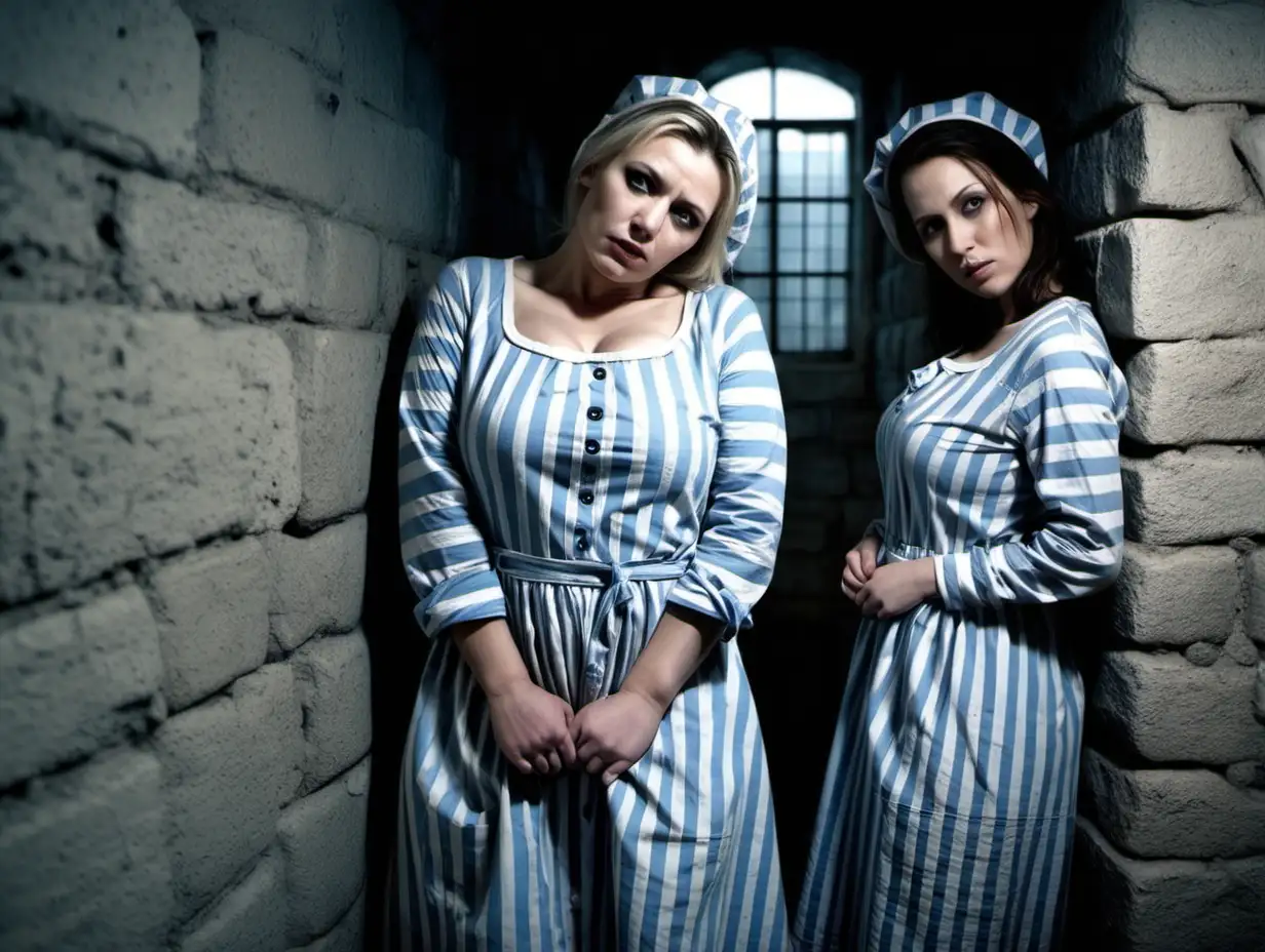 Two of busty prisoner woman (35 years old, same dress) stand (far from each other) in a prison cell (Stone walls, small window) in dirty ragged blue-white vertical striped longsleeve midi-length buttoned gowndress ( smallshortbonnet , sad and desperate ), look into camera, hands cuffed behind