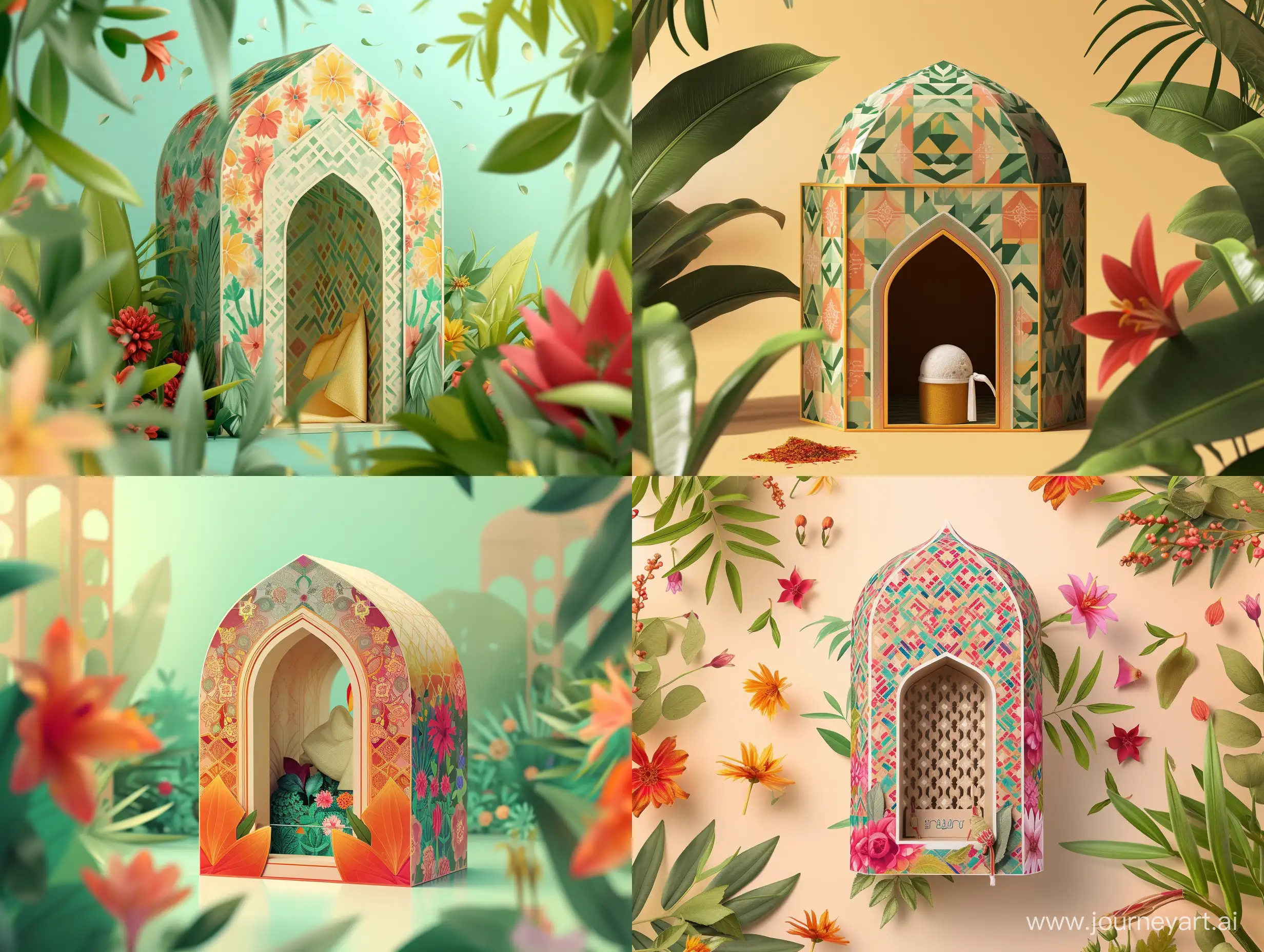 Imagine  an image of a packaging design that embodies the charm and meaning of the Iwan, a stunning vaulted archway in Persian architecture. Craft a miniature iwan-shaped container with intricate geometric patterns and lively hues that echo the splendor of this architectural marvel. Emphasize the timelessness of the Iwan with a sleek design.
Depict the iwan amid lush flora and vibrant flowers to symbolize the transition from ordinary life to a paradisiacal realm, drawing inspiration from Persian miniature paintings for an artistic touch.
Make sustainability a focal point by using recycled paperboard with biodegradable lacquer for an environmentally conscious yet visually appealing package. Ensure that the materials used are recyclable, promoting a circular economy.
Incorporate interactive elements like a concealed compartment with a small fabric piece or scented sachet, providing a sensory experience that encapsulates the fragrance and ambiance associated with an Iwan.
Infuse the packaging with elements of minimalist design, sustainable materials, and interactive features, paying homage to the rich heritage and symbolism of Persian culture. By doing so, elevate traditional Persian saffron ice cream to a global sensation, highlighting the enduring beauty and cultural significance of Persian architecture. realistic style