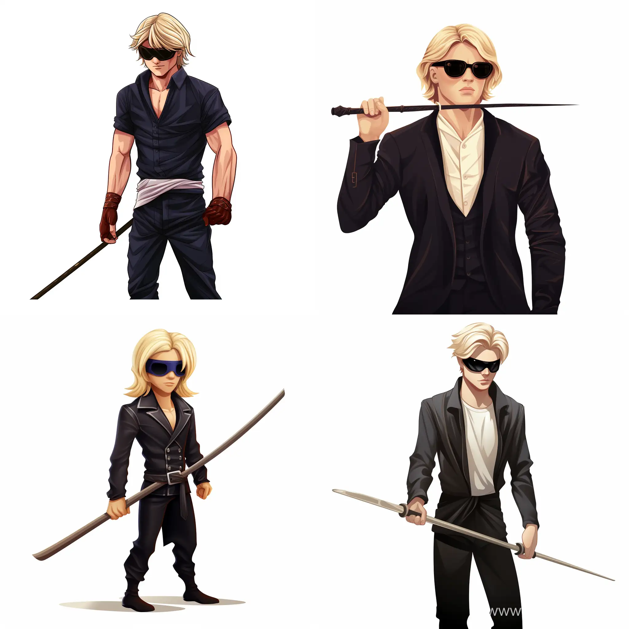 Alastor Grym, resembling Brandon Gleeson, blond, shoulder-length hair, full, wearing a blindfold with a prosthetic eye on the blindfold, holding a staff, on a white background, cartoon style, illustration