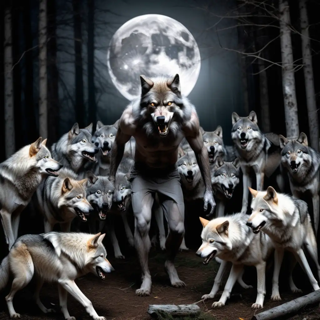 Mystical Gray Werewolf Leading Ghostly Wolf Pack in Italian Moonlit Woods