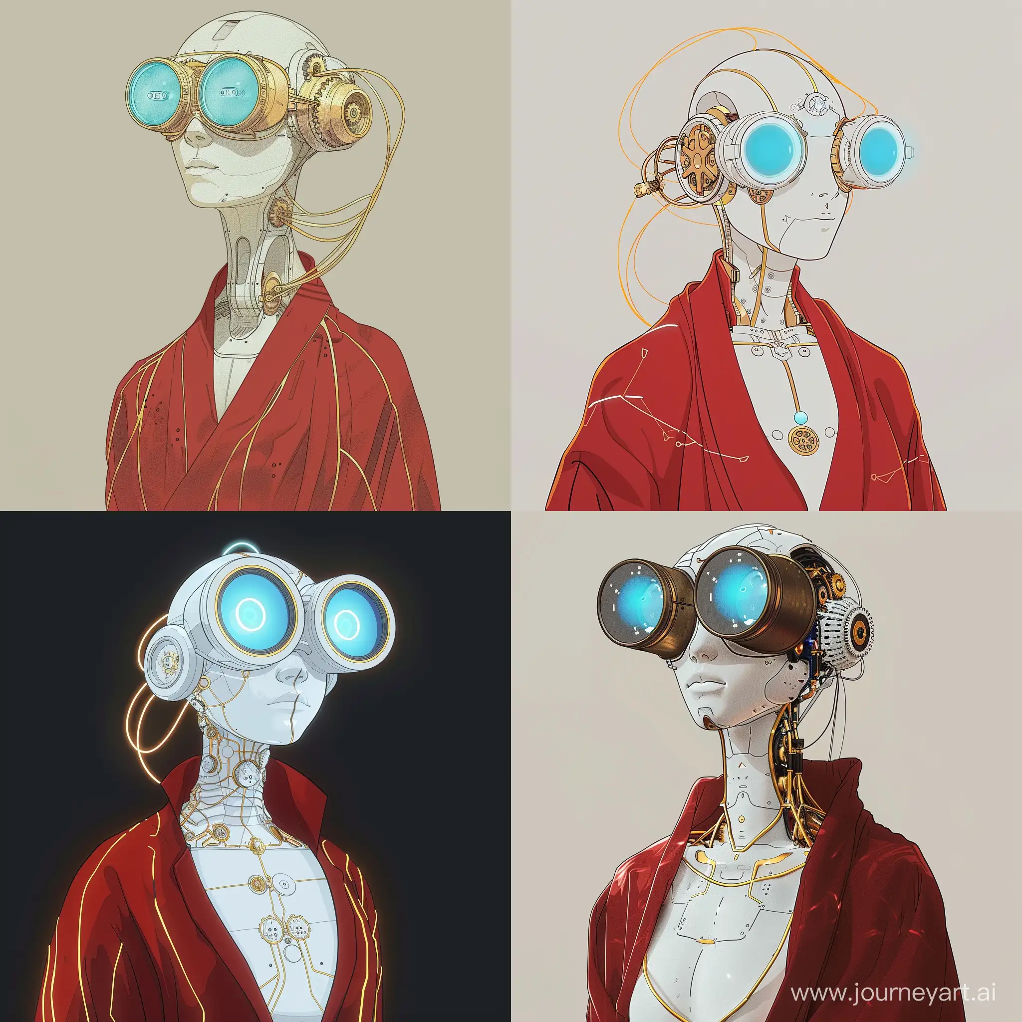 Нарисуй робота женщину, механическую, белый корпус, видны шестерёнки, золотые линии на корпусе, красная ряса, большие окуляры с синим свечением, рта нет