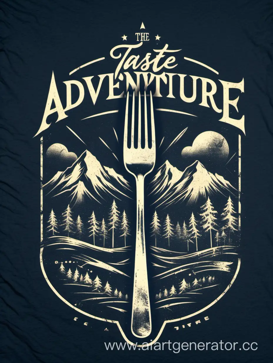"Taste the Adventure" featuring a fork-shaped  graphic, with distressed textures and worn-out designs, giving a vintage and worn-in look to the t-shirt design 