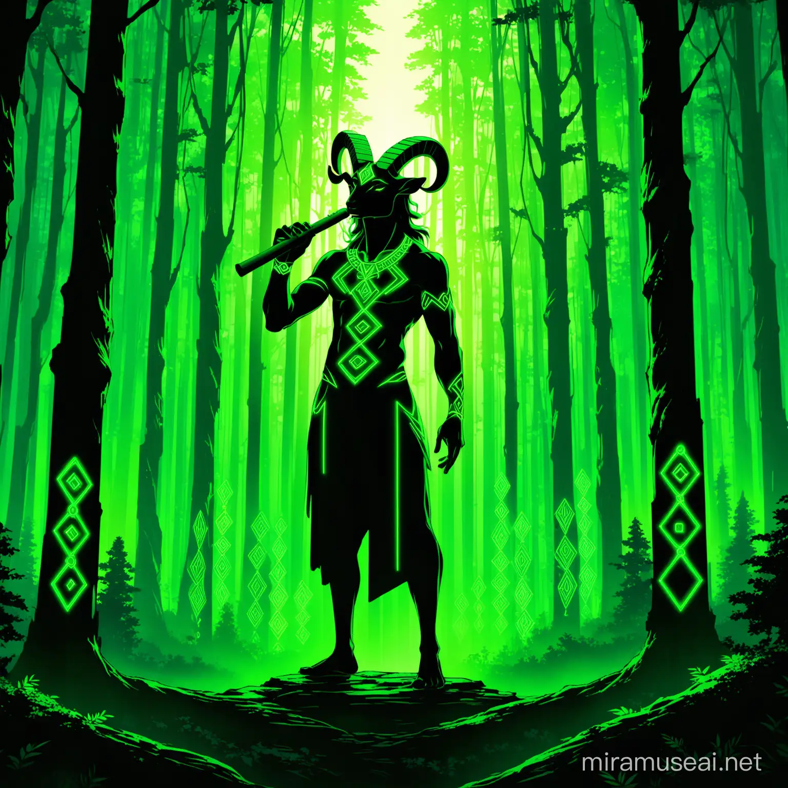 Neon Green Pan Silhouette with Dryads in a Mystical Forest