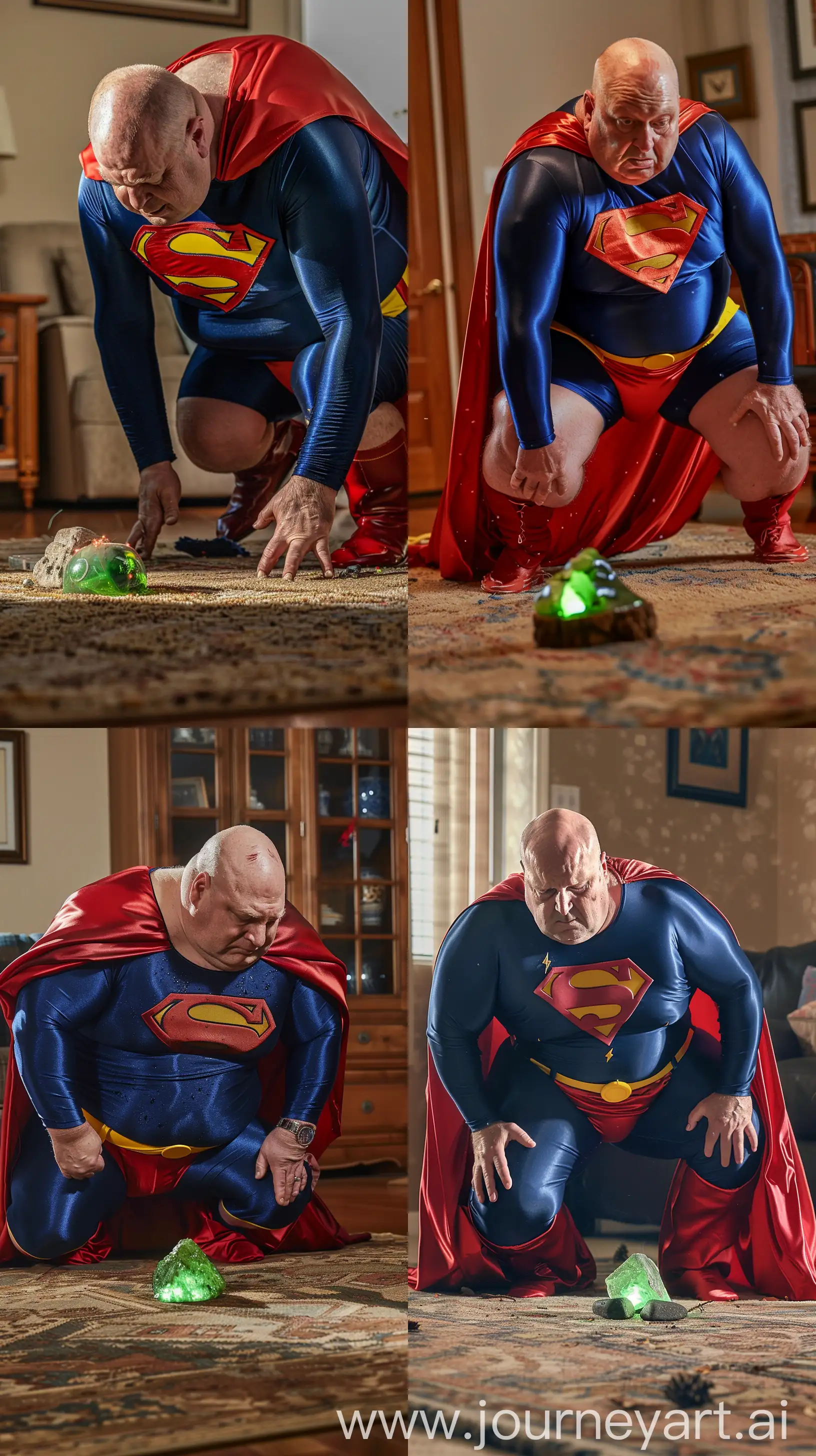 Front close-up photo of an exhausted fat man aged 60 wearing silk navy blue complete superman tight uniform with a large red cape, red trunks, yellow belt, red boots. His face is covered with sweat. Falling on his knees on the ground in front of a small green glowing rock on the ground. Inside a living room. Bald. Clean Shaven. Natural light. --ar 9:16