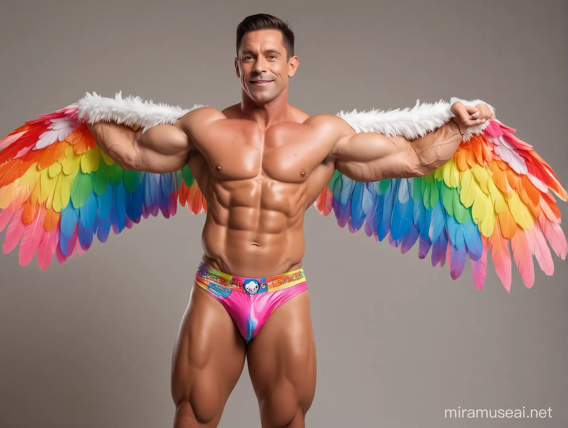 Topless 40s Ultra Beefy IFBB Bodybuilder Male Wearing Multi-Highlighter Bright Rainbow Coloured See Through Eagle Wings Jacket short shorts and Flexing Big Strong Arm with Doraemon