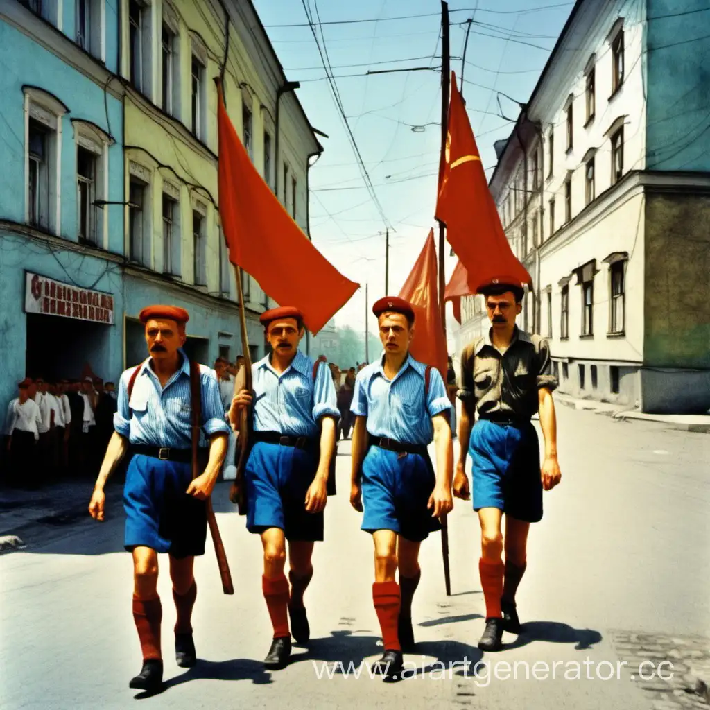 На улице праздник первое мая советский район хрущёвки пионеры идут по улице красные флаги в шортах и юбках синих 