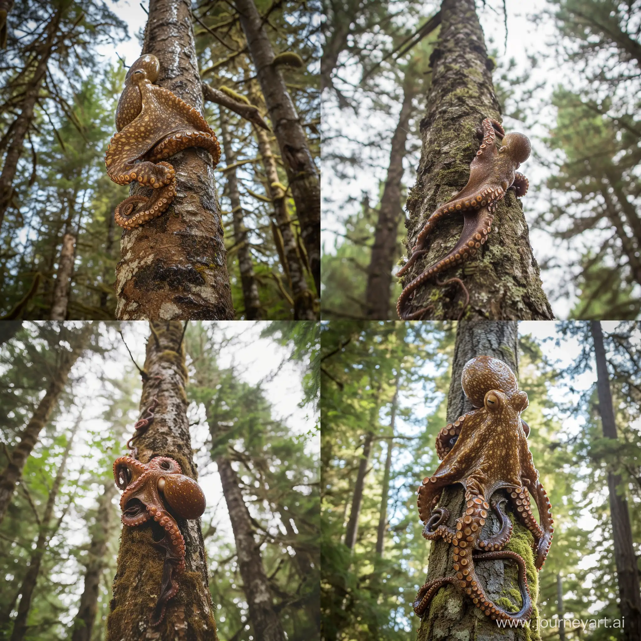 vibrant clear crisp wildlife photo of a wet slimy medium sized mottled brown octopus scaling a tall pine tree, body wrapped around the tree, old growth pine forest. temperate pine rainforest, bright daylight, telephoto lens, canon camera, wide shot, shot from below at ground level pointing up