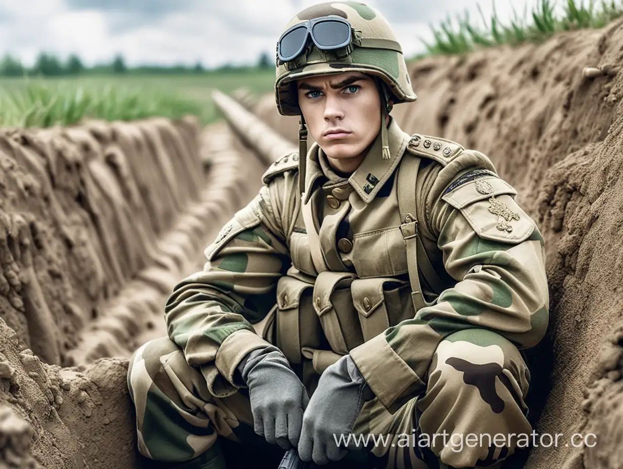 стиль Невероятные приключения ДжоДжо, военный, русский солдат в камуфляжной форме на поле боя сидит в окопах