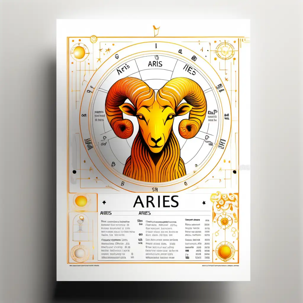 astrology aries information page on pure white paper and little bit yellow orange color front view