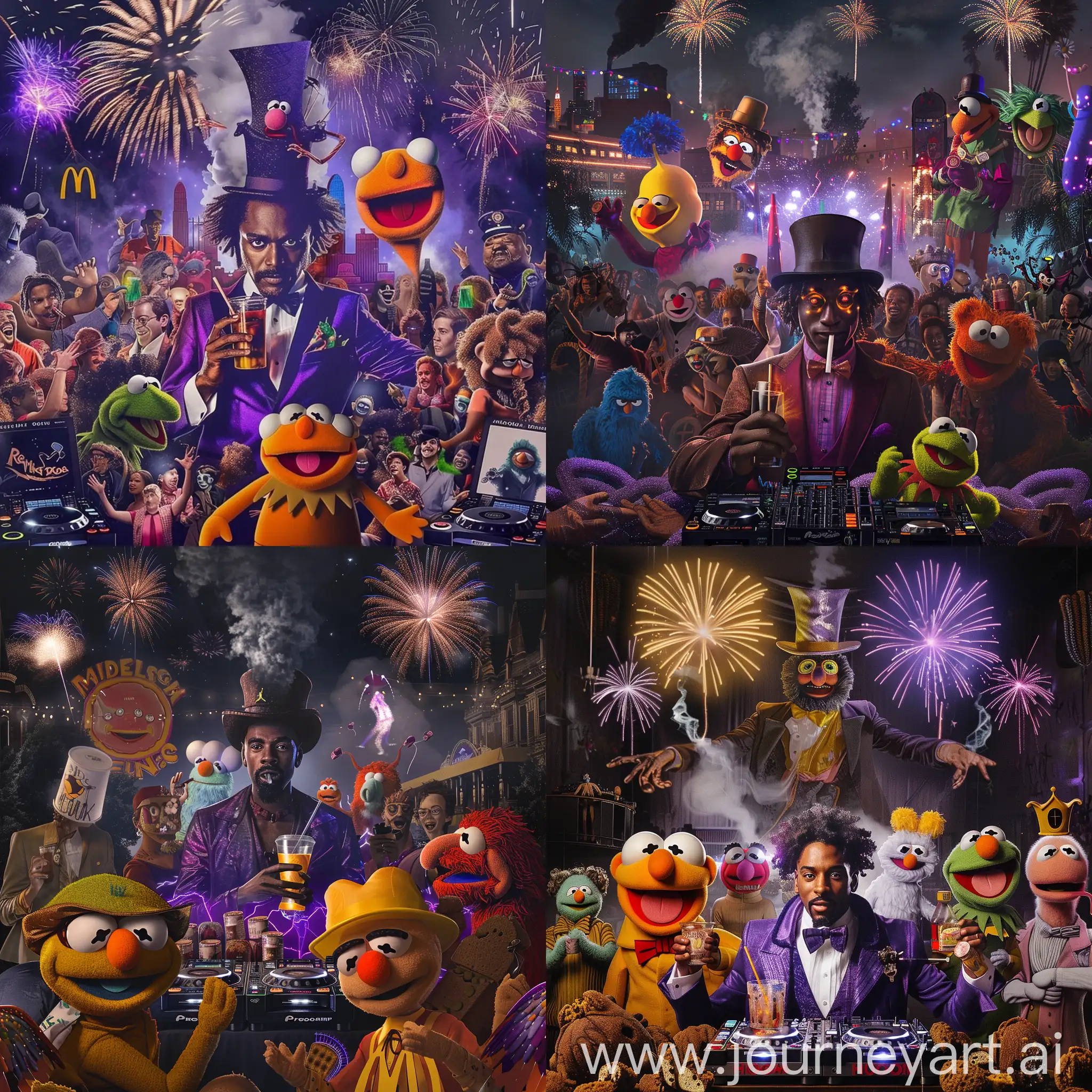 Michael B. Jordan as Willy Wonka at Chocolate Factory Rave Party, DJ in the background, smoke machine active, lazer show happening, Oompa Loopas Dancing, McDonalds Mascot Grimace drinking, Gerald from Hey Arnold, Miles Davis smoking, Cookie Monster eating vitamins Rude Dog, Earthworm Jim and Muppets in attendance, fireworks exploding, Slenderman in the background