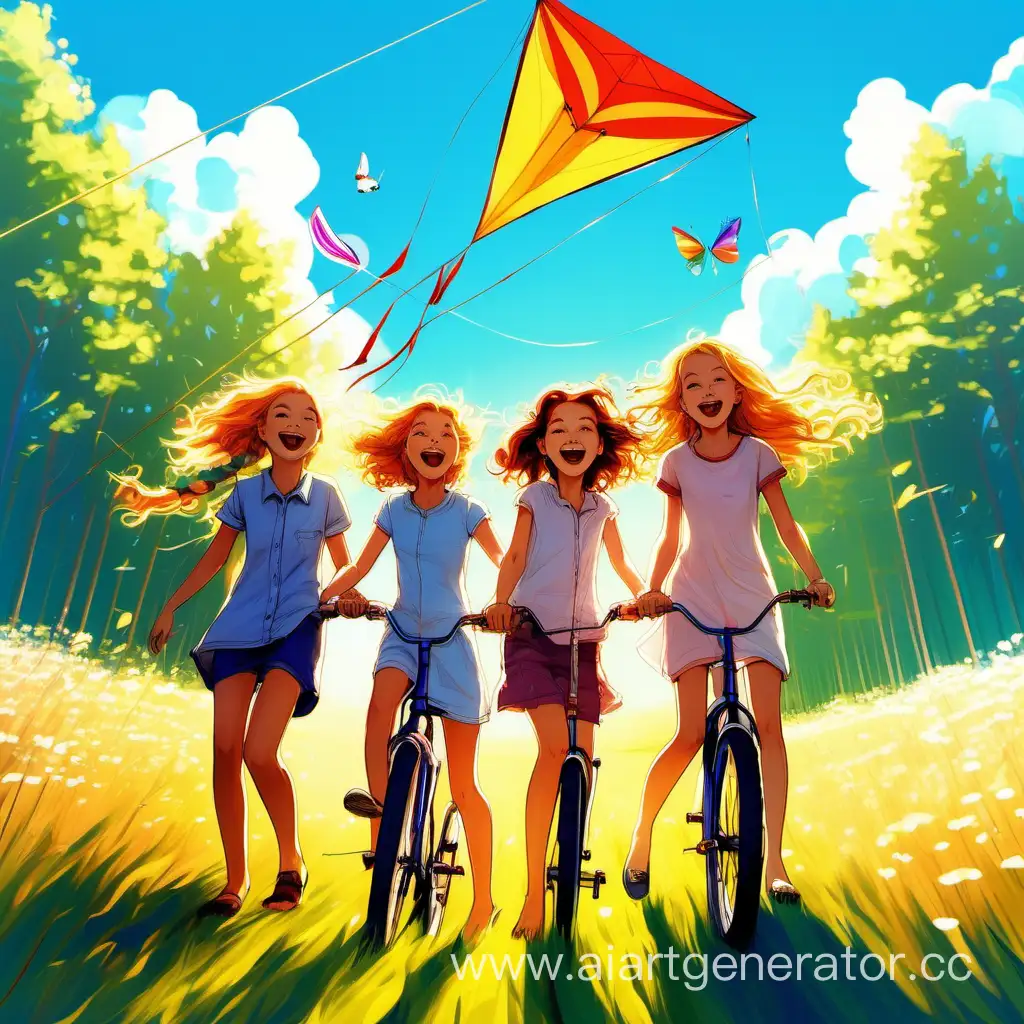 Joyful-Summer-Day-Four-Girls-Enjoying-Bicycles-and-Kite-in-a-Sunny-Forest-Field