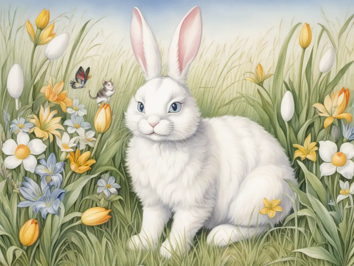 in the style of beatrice potter, a cat and a white bunny rabbit celebrate Easter amid the grasses and flowers of spring 