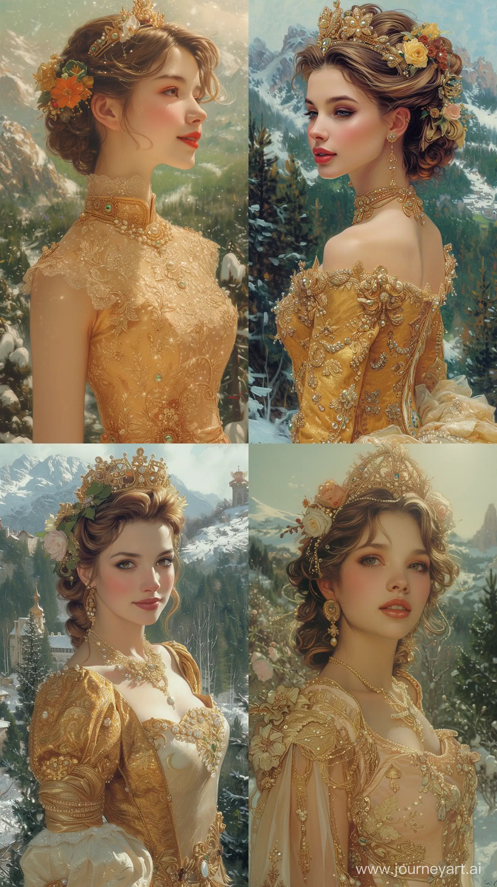 Enchanting-Fantasy-Portrait-Beautiful-Woman-in-Exotic-Gold-Dress-Blessing-Snowy-Landscape
