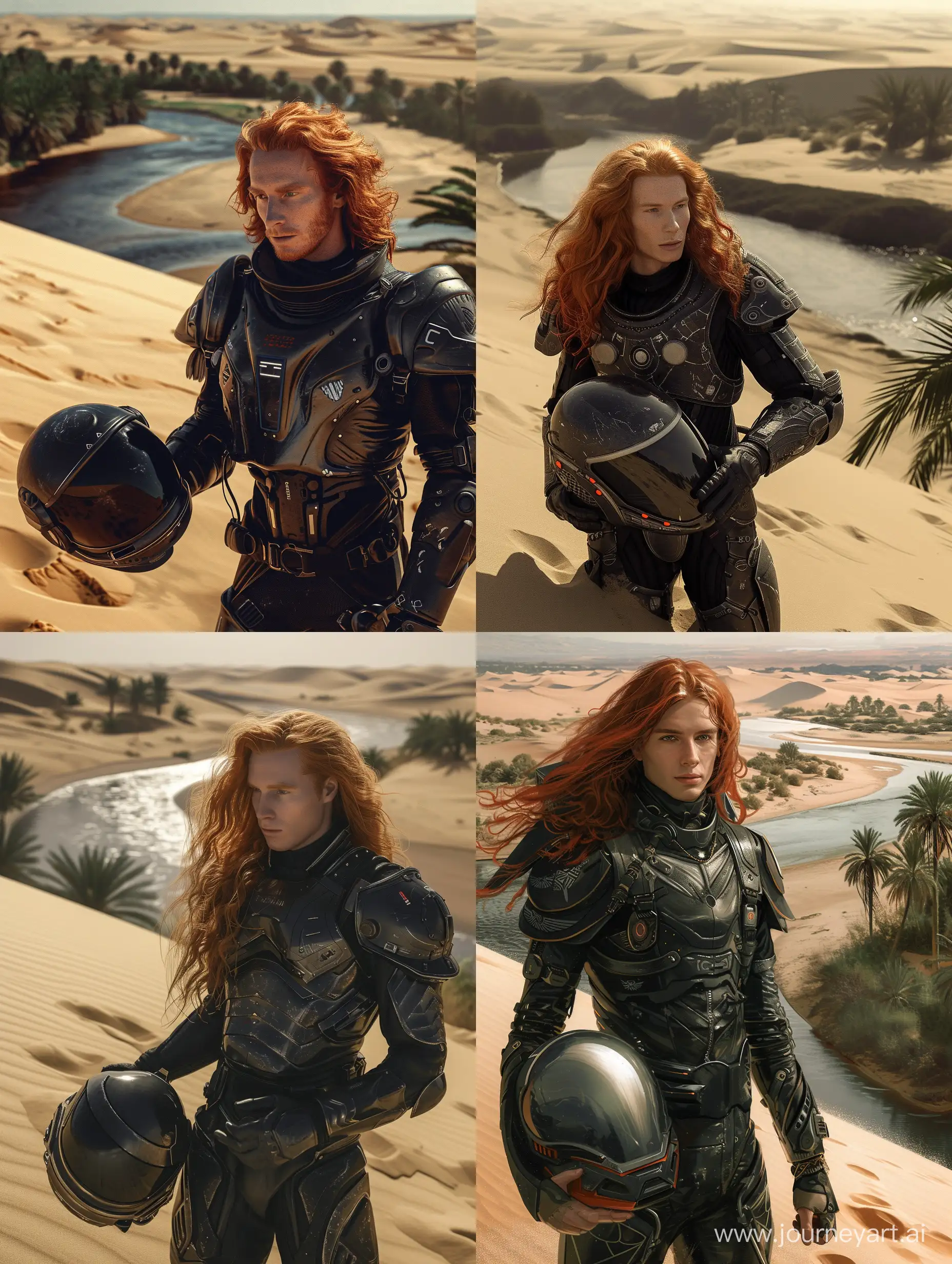 a 30-old-year man in lightweight space protective space armor with a little long red hair in the foreground, He holds the helmet in his hand, large dunes, sand, river and palms in background, beautiful, sharpness, romantic, footprints in the sand, , fantastic, photography, close-up, hyper detailed, trending on artstation, sharp focus, studio photo, intricate details, highly detailed, in the style of black and dark silver, y2k aesthetic, soft, dream-like quality, princecore, smooth and shiny, pensive poses, precise detailing