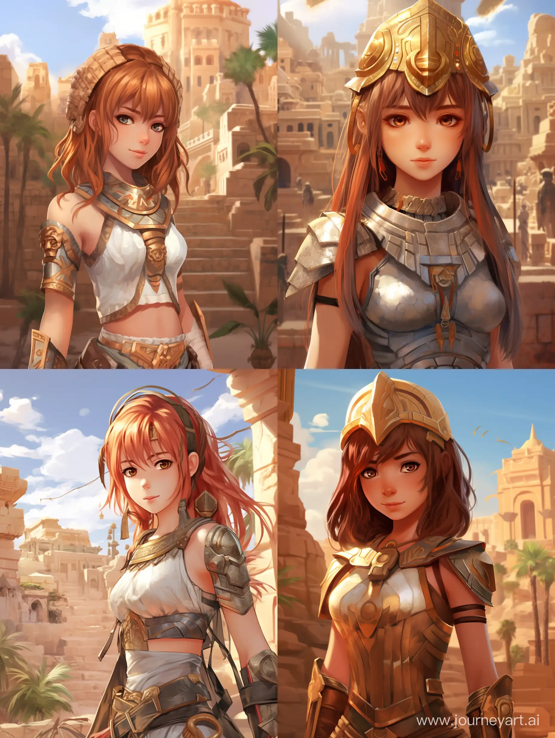 anime style, Anime, Anime drawing, Simple drawing, A little girl, small age, little, red hair, face patch, A big smile, gold inserts like in Egypt, Egyptian clothes, A smile on your face, fighting stance, background of an ancient Egyptian city,  detailed eyes, perfect quality, the best quality, beautiful camera angles.