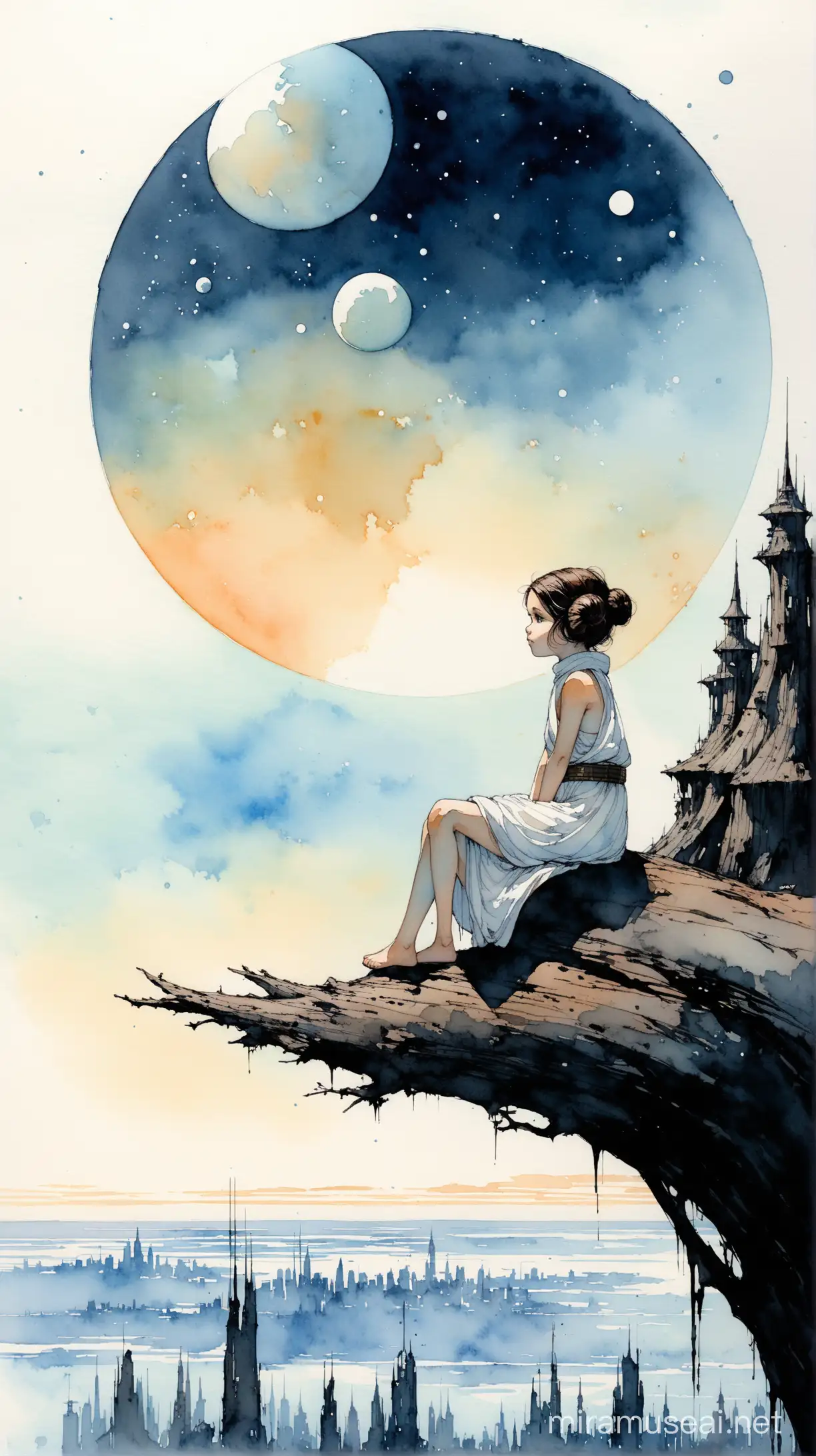 Alex Maleev messy watercolor illustration depicting child Princess Leia sitting on a tree branch, background of soft dome alien towers kyline on the horizon under  two small moons, messy watercolor, no distortion, gray palette, insanely high detail, very high quality, seen from the side