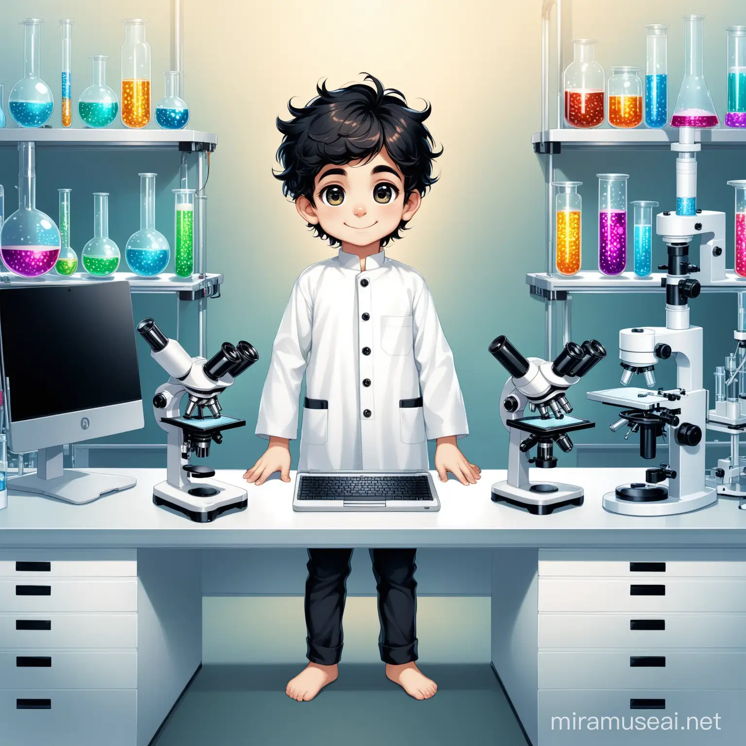 Persian little boy(full height, white skin, cute, bigger nose, smaller eyes, black eyes, smiling, clothes full of many Persian designs).
Atmosphere a super modern laboratory with laptop and microscope and showing cells.