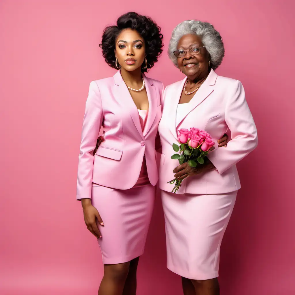 young and senior black women, pink skirt suit, pink roses, pink rose background