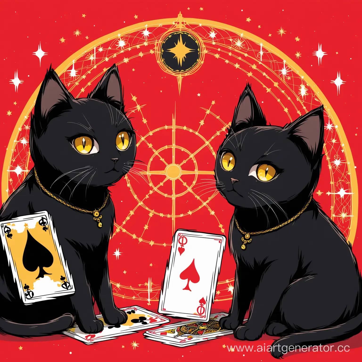 две черные кошки с желтыми глазами и картами таро красный фон