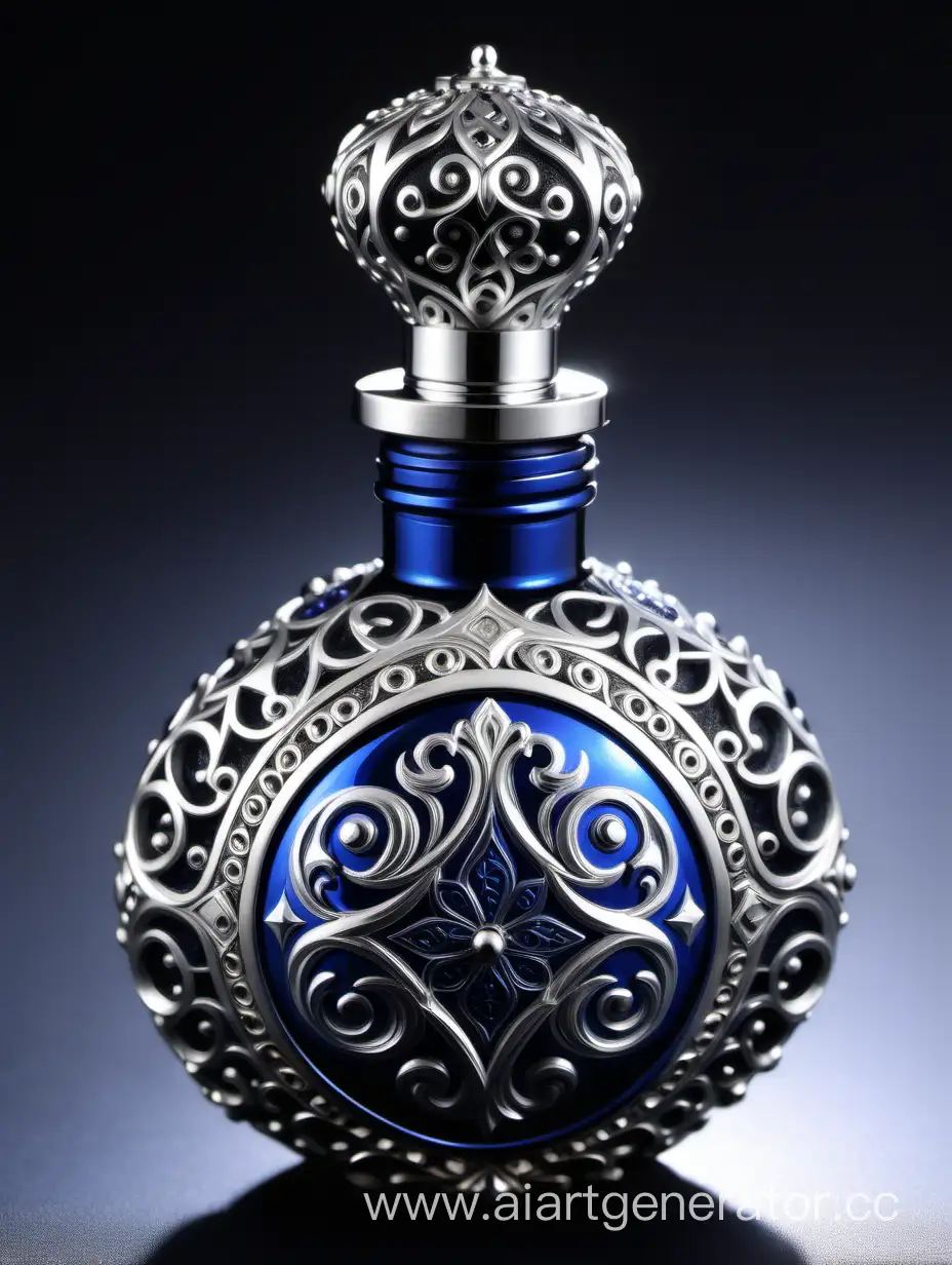Elaborate-Elixir-of-Life-Potion-Bottle-with-Dark-Blue-and-Silver-Arabesque-Design