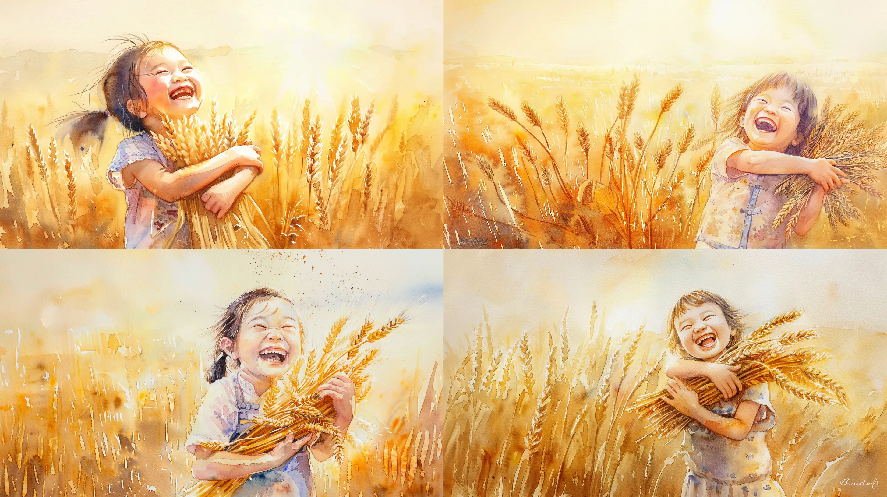 Joyful-Chinese-Girl-Embracing-Wheat-in-Golden-Field-Watercolor-Painting