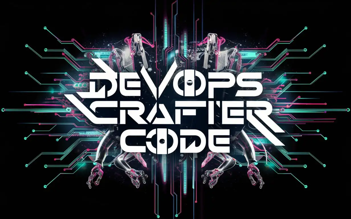 Develop a logo for the company "DevOPS Crafter Code", which stands out for its cyberpunk style in software development. The logo should capture the essence of cyberpunk, combining elements of high technology with a dystopian aesthetic. Use vibrant and contrasting colors to convey a sense of energy and innovation. Integrate elements such as electronic circuits, futuristic lines, digital symbols, and elements that evoke the fusion between man and machine. The text "DevOPS Crafter Code" should be central in the logo, using a modern and futuristic font. Feel free to explore a variety of styles and techniques to create a unique and impactful logo.