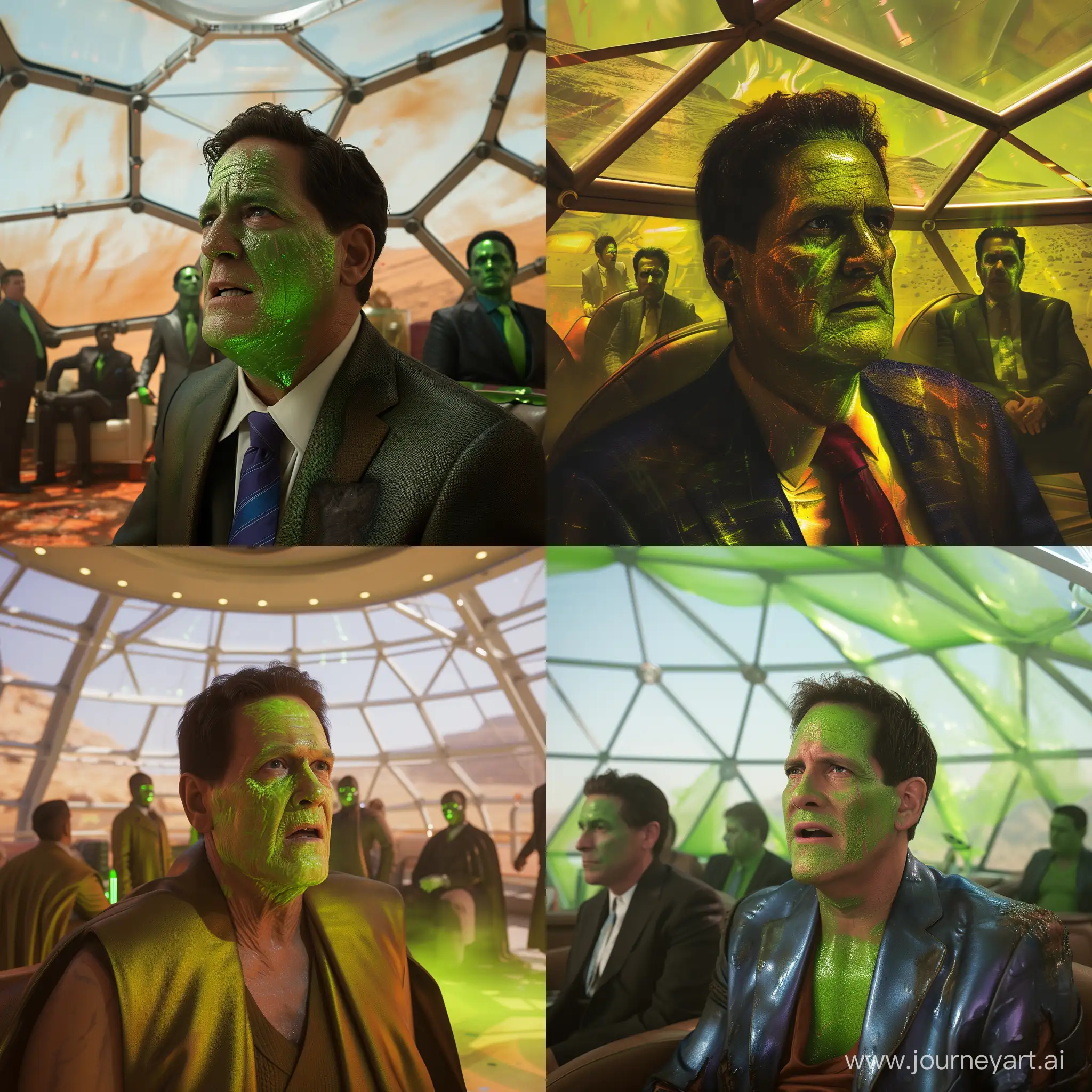 50s Sci-fi style. Sickly and scared Mark Cuban  with bright green skin. Inside an executive lounge in a glass dome on mars. Other billionaires with green skin in the background.
