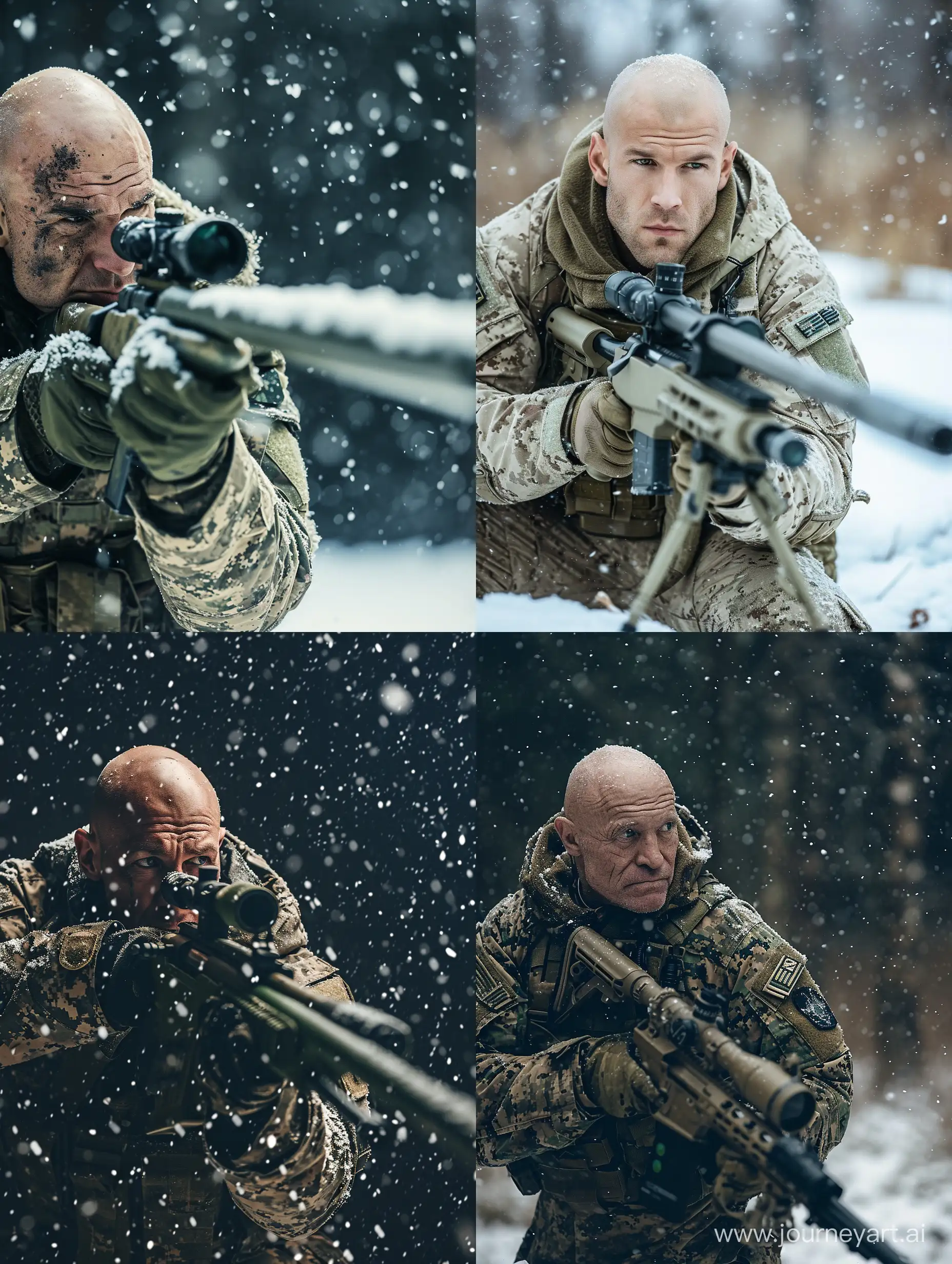 накаченный лысый мужчина военной форме снег со снайперской винтовкой