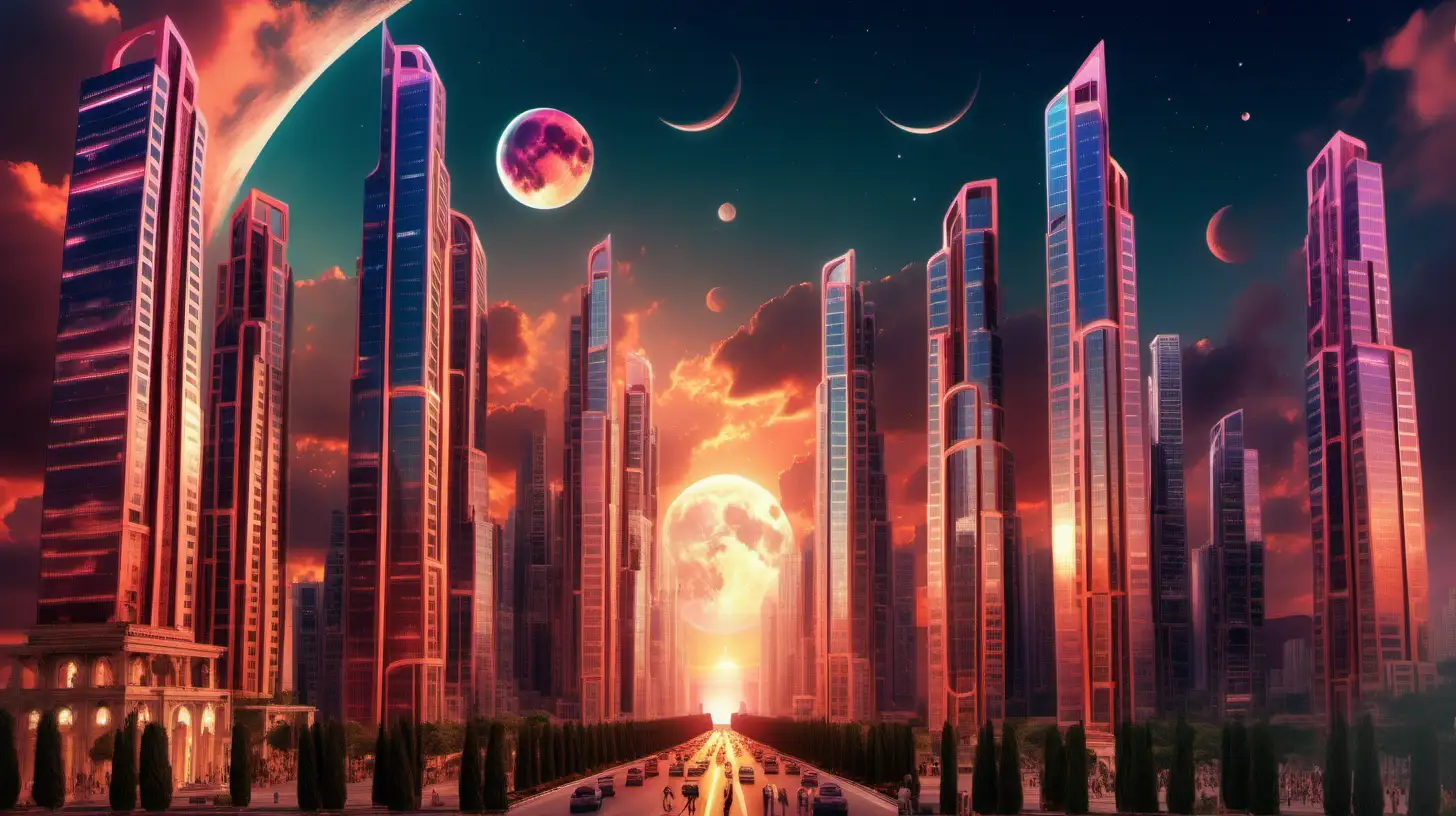 imagine hellenistic styled skyscrapers on 2200, use vibrant colors of 2024, on sunset add clouds and moons to sky with harmony, place happy people walking down the street