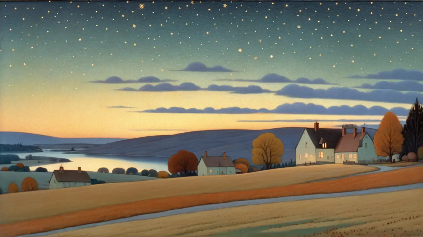 peinture paysagre, style alphonse osbert, village, campagne, automne, crépuscule, nuages, étoiles