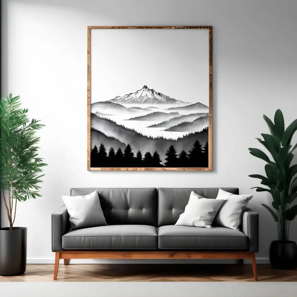 Urban city apartment loft Style Living Room Wooden Poster Mockup. white wall and landscape artwork on wall. 