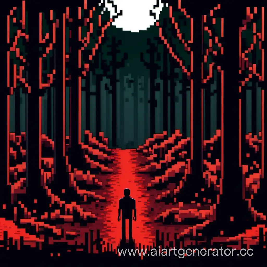 Pixelated-Horror-Game-Blennded-Blood-with-Cheraps-Blood-and-a-Mysterious-Figure-in-a-Forest