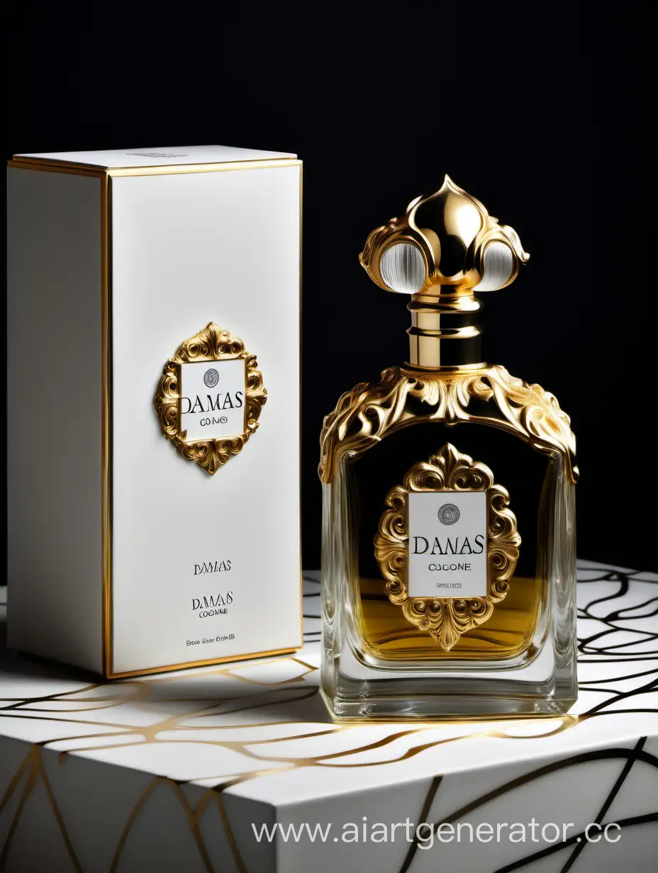 a bottle of damas cologne sitting next to a dark White box,with golden lines a Baroque dynamic luxurious composition, feminine
flemish Baroque