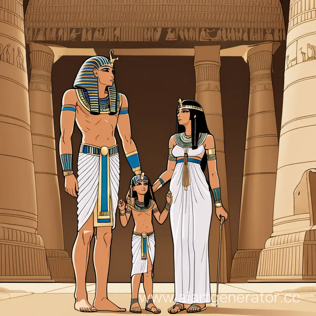 Древний Египет, храм фараона. Взрослая высокая, красивая, с длинным волосами дочь фараона стоит рядом со своим отцом и маленьким грудным ребенком