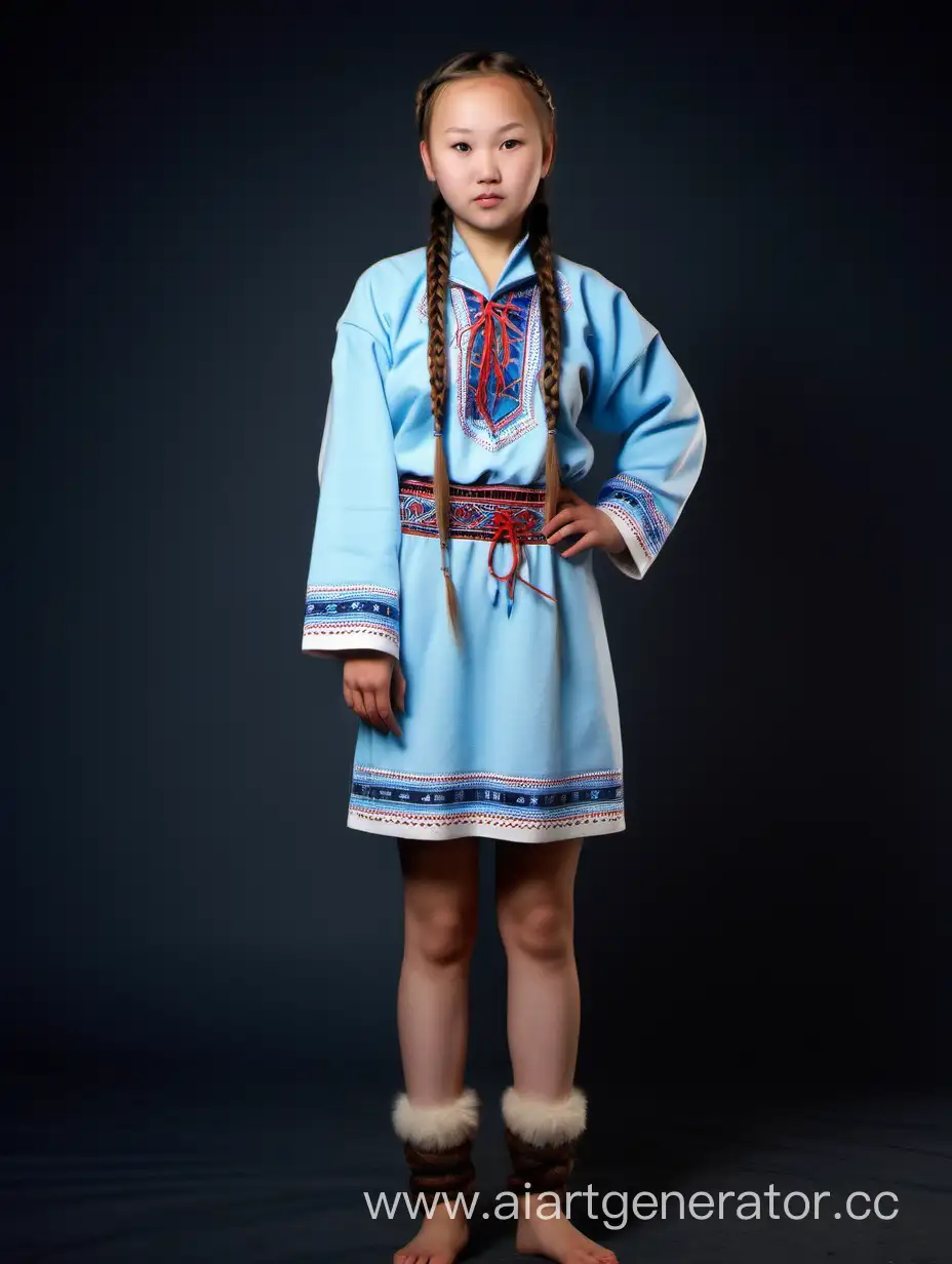 Yakut girl in a national mini-dress with bare knees and long sleeves and braids, full length 