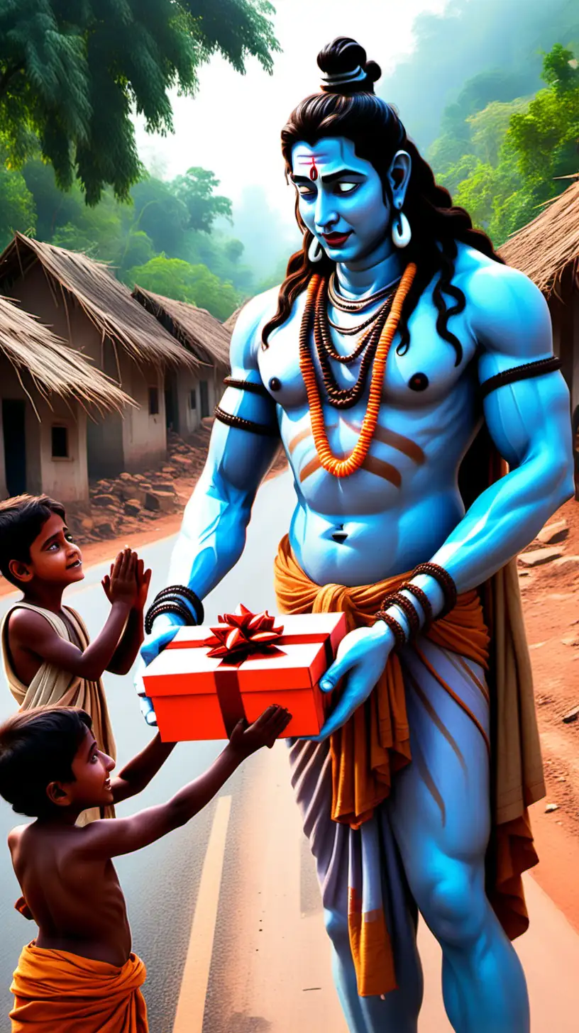 Handsome Lord Shiva giving gift to  poor indian village kids on road  emotional scene in Disney style
