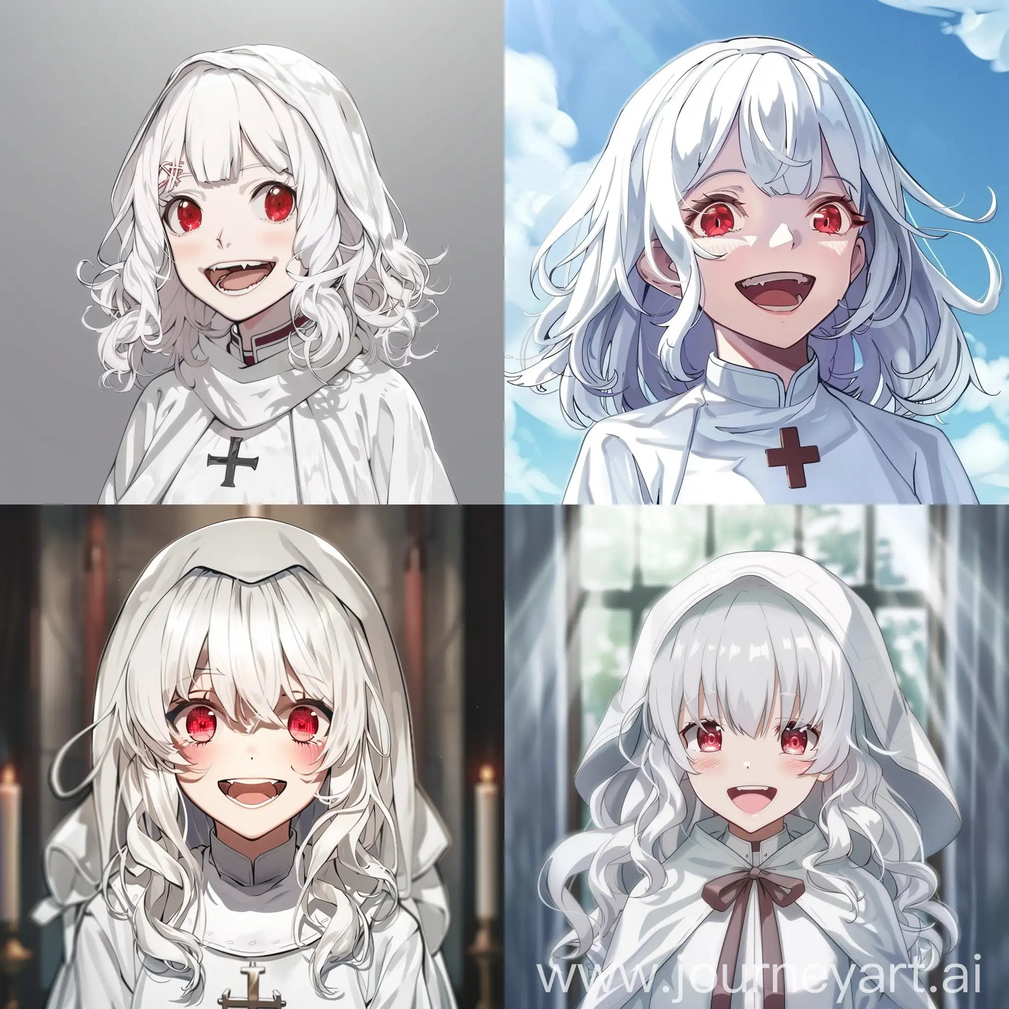 A smiling girl with white wavy hair and red eyes, in white priest clothes in anime style