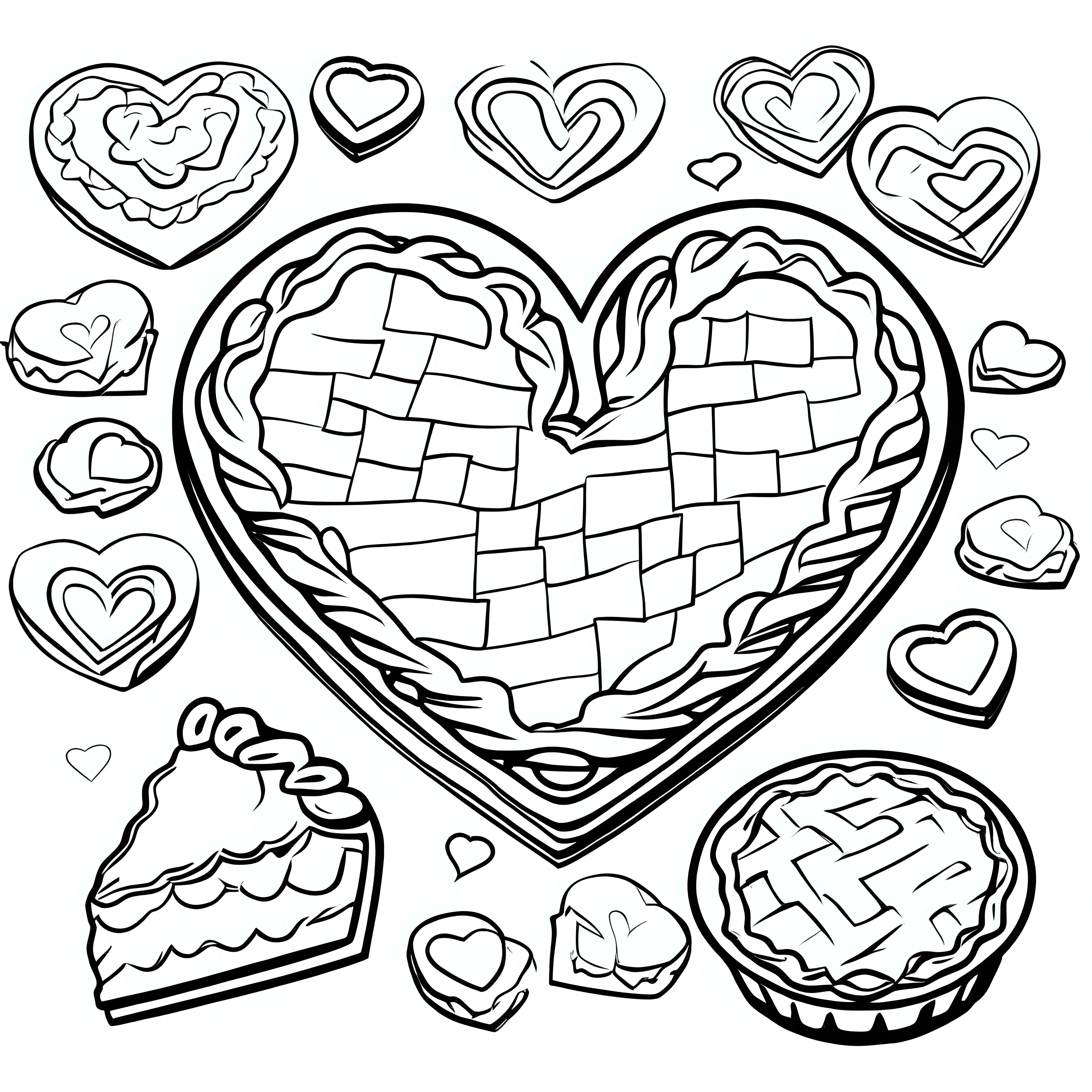Create a coloring book page Valentine's Day Pie: Kids baking heart-shaped pies with delicious fillings. Use crisp lines and white background. Make it an easy-to-color design for children. --ar 17:22--model raw