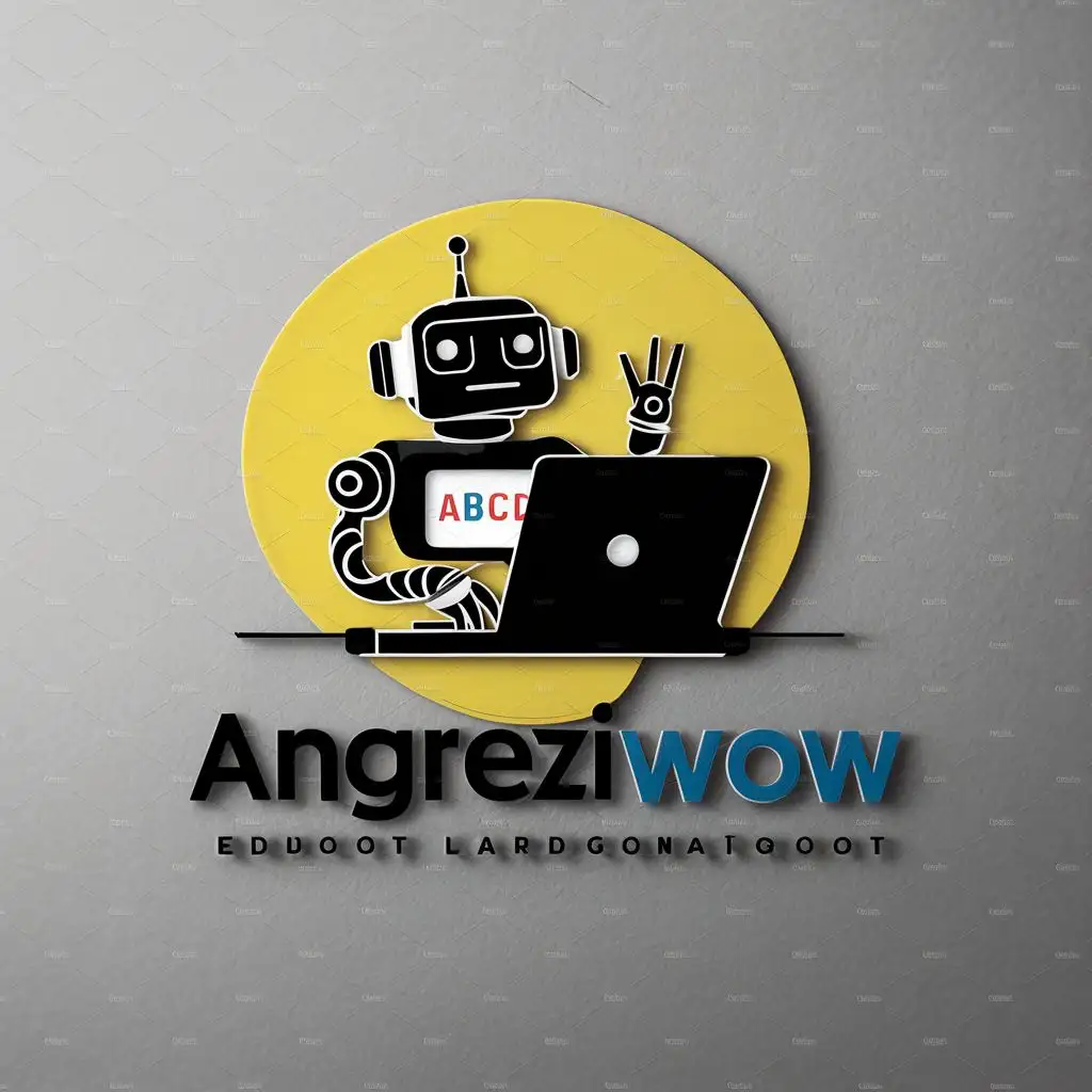 logo, A robot learning "ABCD" in laptop, with the text "Angreziwow", typography, be used in Education industry