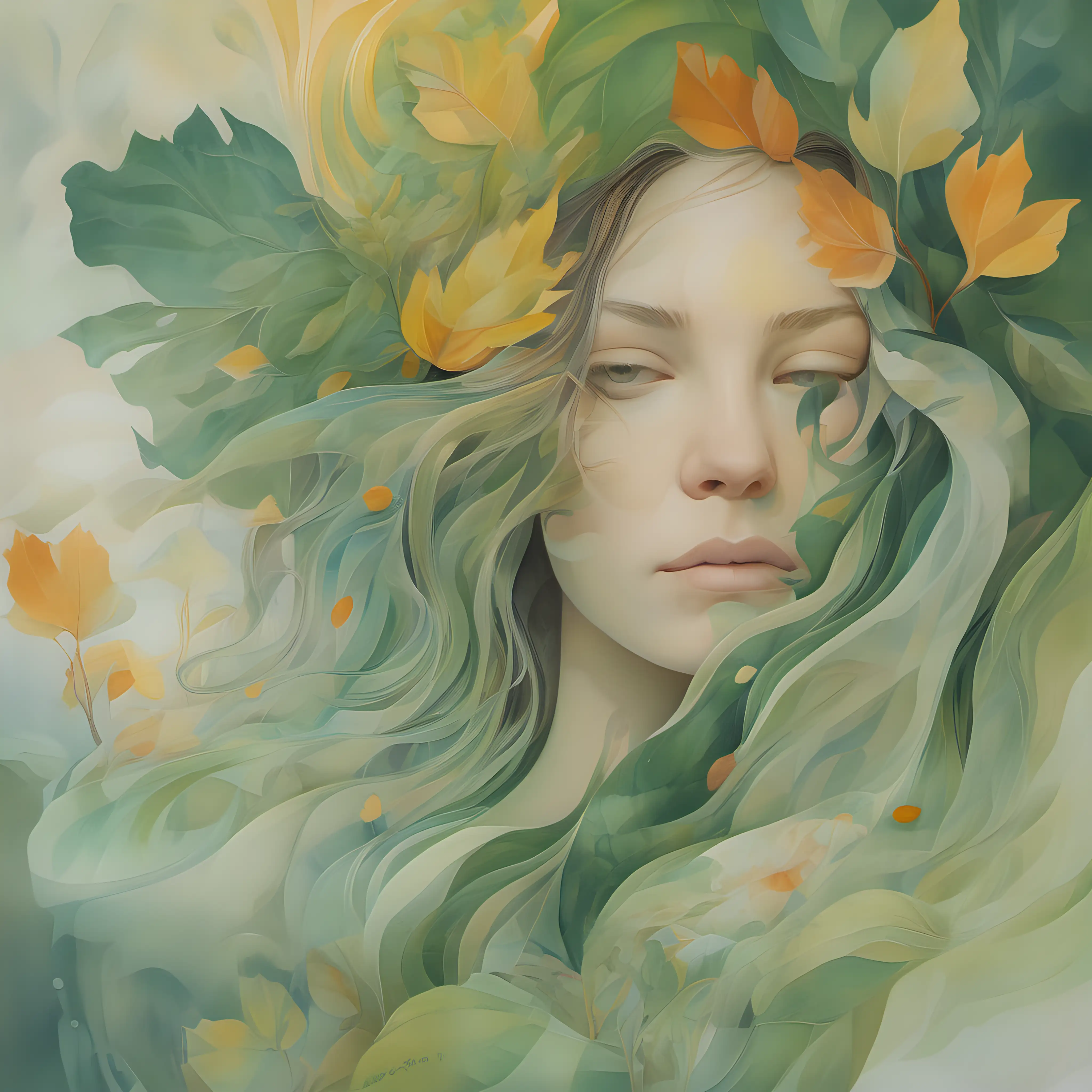 artistic rendering of a woman with elements that suggest she may be personifying an aspect of nature or perhaps a mythical being. She has a serene expression, her hair and the fabric around her blending into what seems to be a painterly representation of foliage or petals, in soft hues of green, yellow, and orange. The background hints at a tranquil seascape at twilight. This composition combines a portrait with abstract natural elements, creating a dreamlike and ethereal atmosphere.