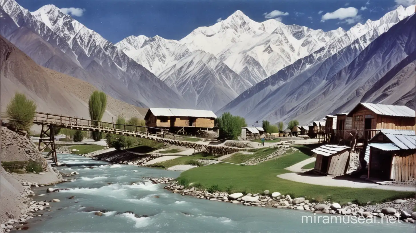 A setting 1950s of Gilgit Baltistan, depicting mountains all around, pristine flowing river in between, a wooden bridge connecting the   population on opposites sides of the river the living in huts.