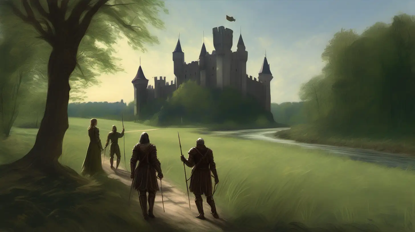 Camera shows an edge of the forest that opens to a meadow. The meadow goes to a river. All of the opposite river bank is taken by a large mediaeval castle, with tall strong walls and a couple of guard towers. A four-person adventuring group is crossing the meadow in the direction of the castle. One person is a female with long dark hair, carries a longbow and wears leather armour. Another carries a staff in his hands and is dressed in a robe. The other two of them wear plate armour. The camera shows them from behind. The scene is set in the early hours of the morning, under a clear sky. The style of the image is impressionist oil painting, with a mixture of medium-wide brush strokes and finer detailing.