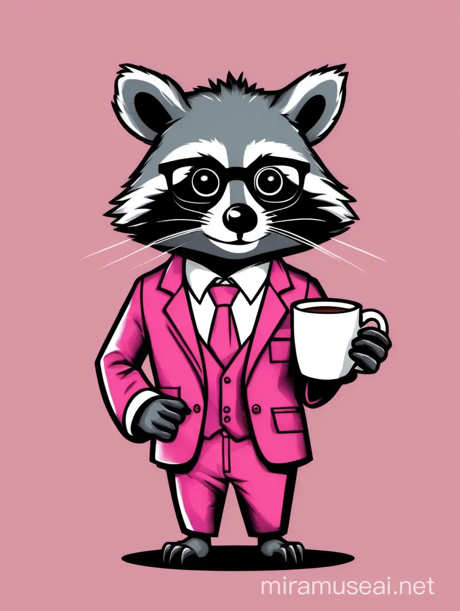  a nerd raccoon in a pink suit holding a cup of coffee, white background