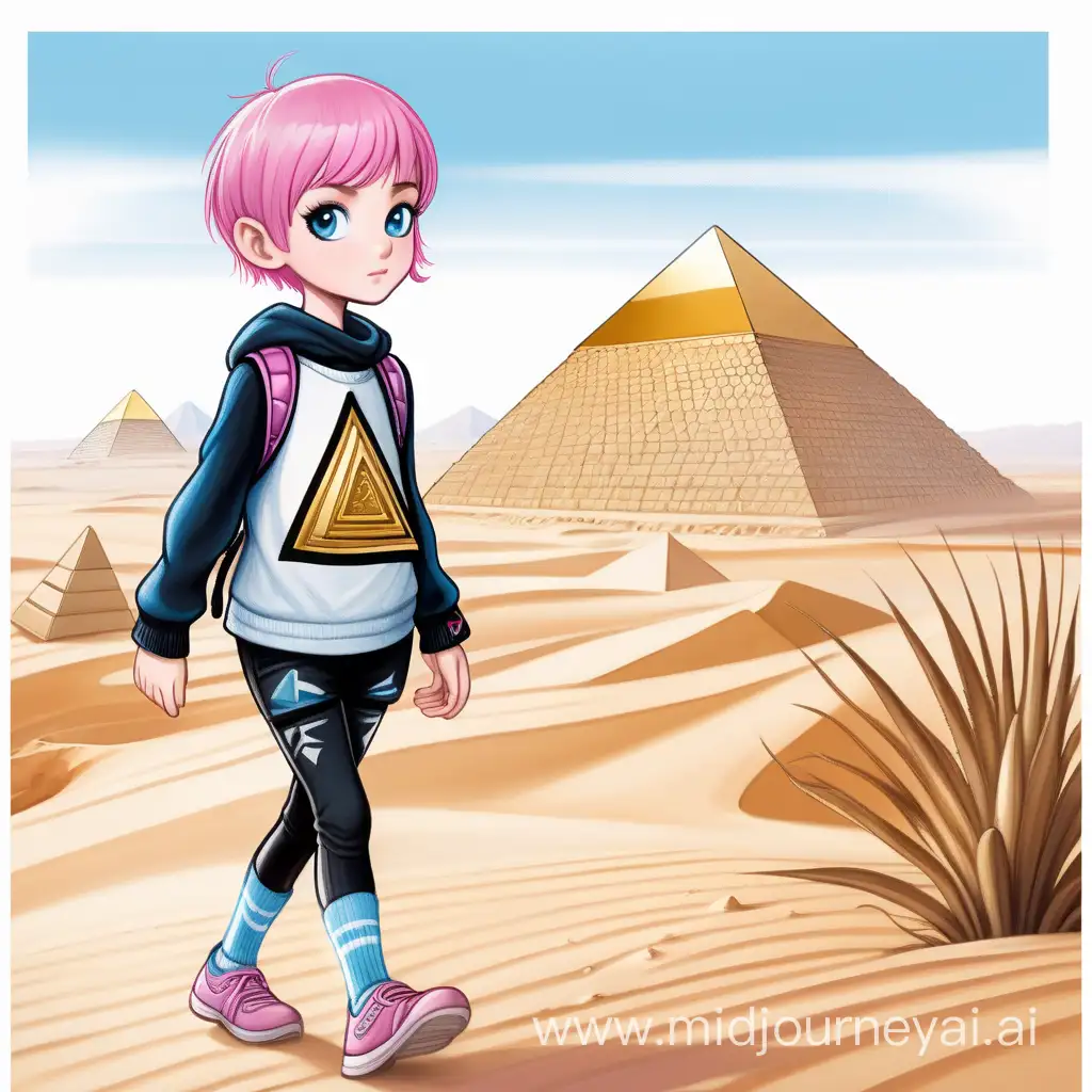 a girl with short pink pixie haircut and blue eyes wearing arm warmers and emo clothing, walking through a desert looking at a golden pyramid in the distance, children's story book, illustration, on a white background