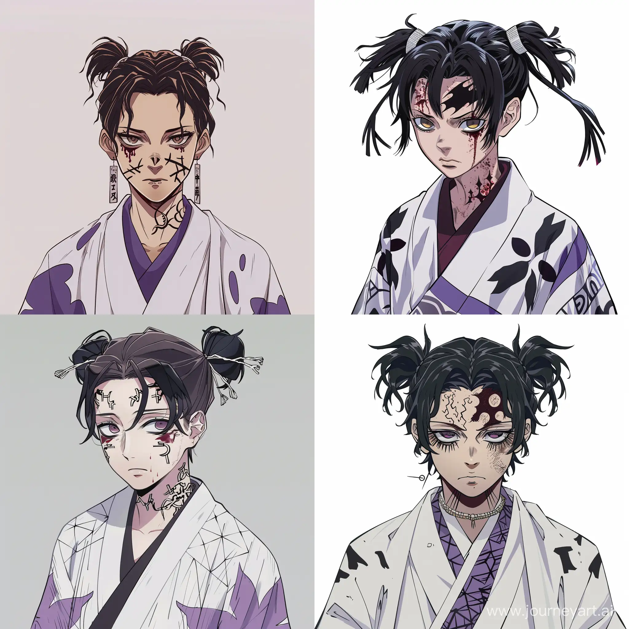 Draw a Choso from the anime Jujutsu Kaisen. Dark hair with two short ponytails, in a white and purple kimono, black patterns on the face and blood magic