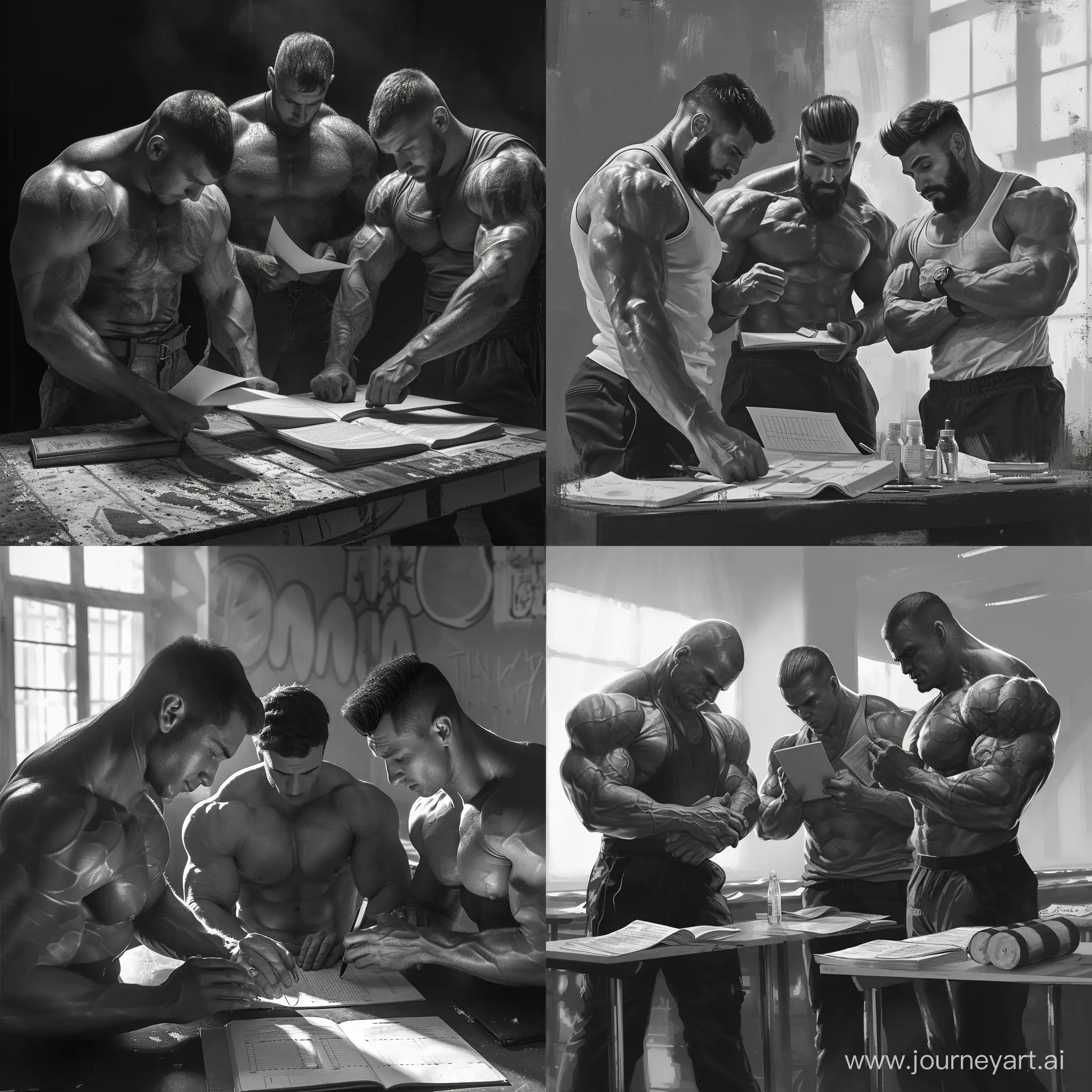 Three very muscular men are preparing for the exam, black and white style